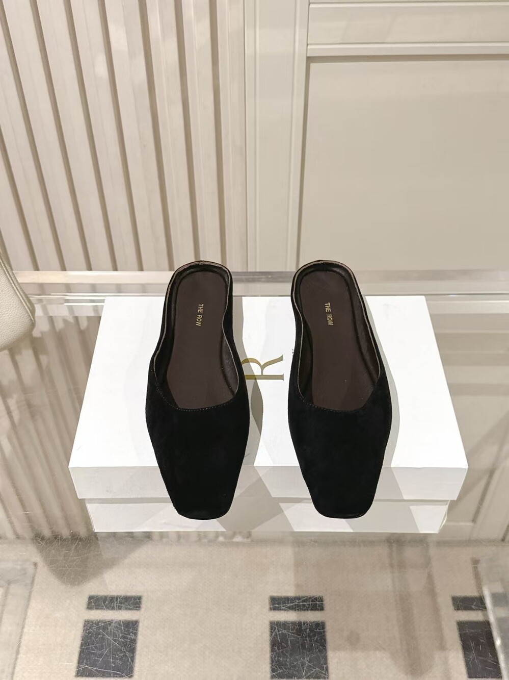 The Row Black Suede Square-Toe Backless Mule Flats